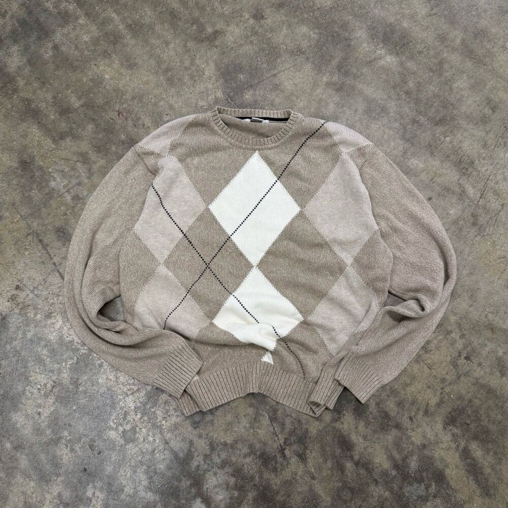 Vintage Geoffrey Beene Neutral Brown Argyle Cotton Knit Sweater XL
